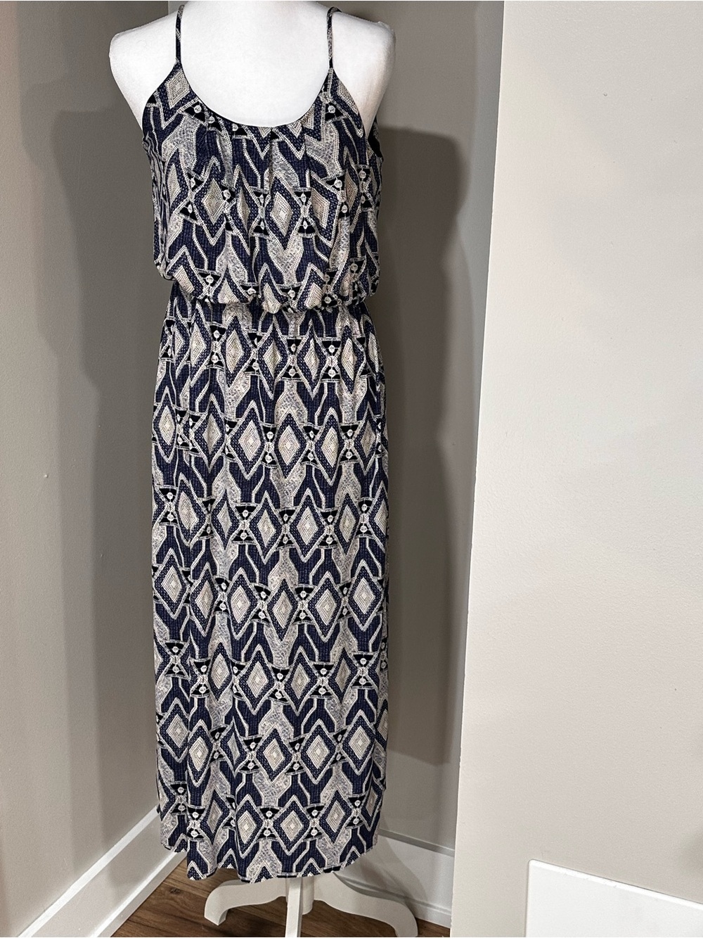 NAIF Navy and Cream Geometric Spaghetti-Strap Maxi Dress. M.